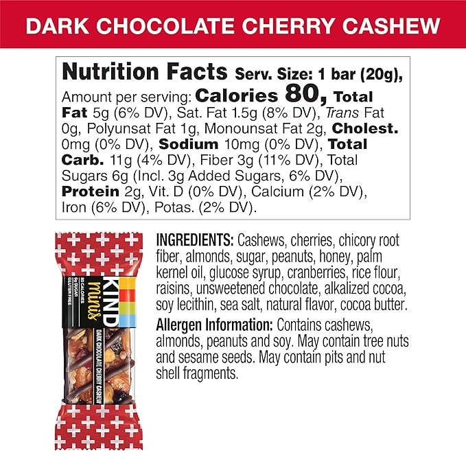 KIND Minis Healthy Snack Bar, Dark Chocolate Cherry Cashew, Low Glycemic Index, Gluten Free Bars, 0.7 OZ, (80 Count)