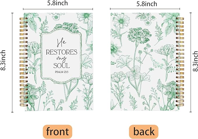 Christian Notebook for Women, Christian Art Gifts Journal, Prayer Journal for Women, Bible Journaling Notebook, PSALM 23:3 He Restores My Soul Floral Spiral Notebook 5.5x8.3