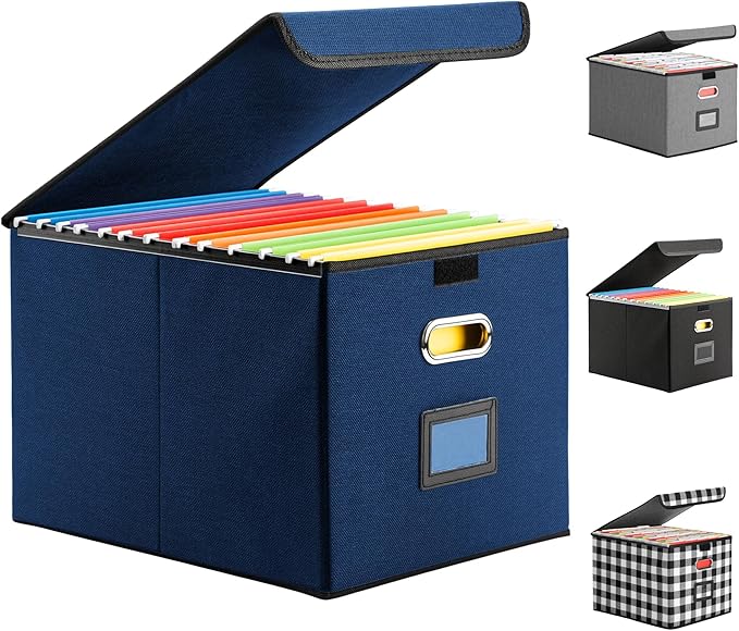 Collapsible File Box with Lid & Plastic Slide - Hanging Document Organizer for Office/Home, 14.96x12.6x10.83 Inch,Decorative Home File Bin,Blue, 1 Pack (No Folders Included)