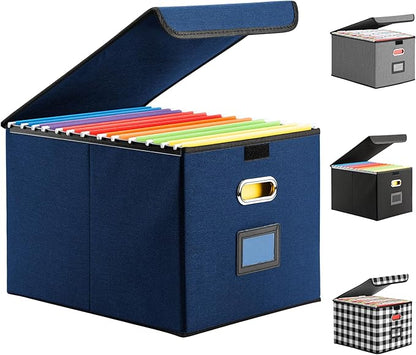 Collapsible File Box with Lid & Plastic Slide - Hanging Document Organizer for Office/Home, 14.96x12.6x10.83 Inch,Decorative Home File Bin,Blue, 1 Pack (No Folders Included)