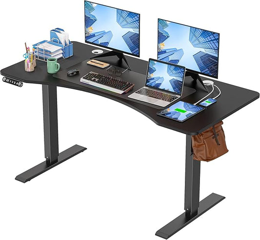 Electric Standing Ergonomic Desk 55 x 24 Inches Adjustable Height Curved Sit Stand Up Desk for Home Office Computer Desk with Memory Preset, Headphone Hook (Black Frame & Black Top)