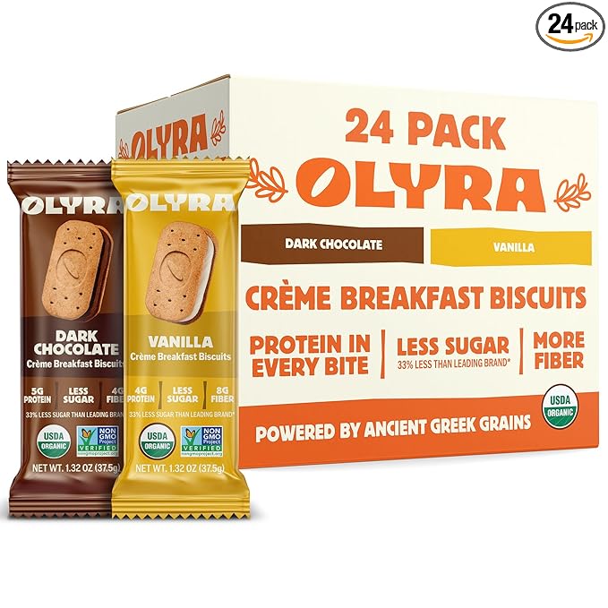 Olyra Variety Vanilla and Dark Chocolate Crème Breakfast Biscuits, Healthy Snacks for Adults and Kids, Low Sugar, Organic Vegan Cookies, Office Snacks, USDA Certified, Non GMO 24 Packs