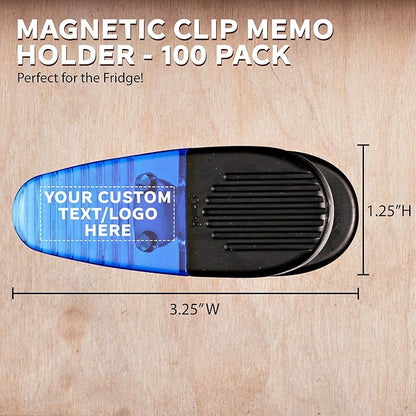 100 Magnetic Memo Holders Set - Customizable Text, Logo - Large Clip, Plastic - TBlue