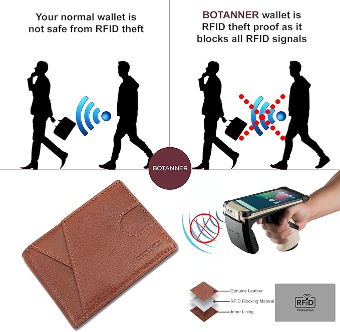 Genuine Leather Mens Bifold Wallet RFID Blocking 7 Credit Card Slots 1 ID Window 1 Section for Bills 2 Additional Slots | Tan