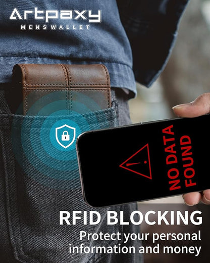 Mens Wallet Bifold Genuine Leather RFID Blocking Wallet for Men with 2 ID Windows 12 Card Holders 2 cash pockets 1 Gift Box