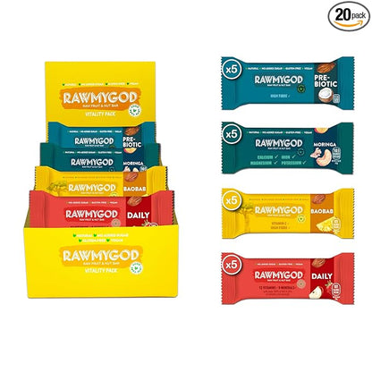 RAWMYGOD Fruit and Nut Bars, Gluten Free, Vegan, No Added Sugar (20 bars, Vitality Pack - 5 Prebiotic, 5 Moringa, 5 Baobab, 5 Daily)