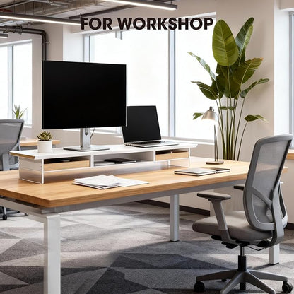 Fenge Acrylic Monitor Stand, 2 Tier Dual Monitor Riser with Solid Wood Drawers, 42.5 Inch Computer Stand for Two 27 Inch Monitors, Desk Shelf for PC, Laptop, Printer, TV, White