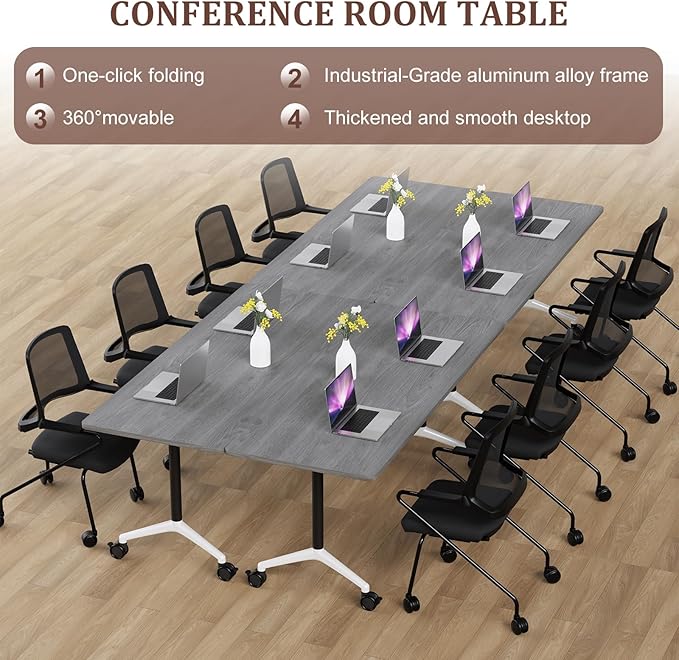 Folding Conference Table Modern Large Mobile Meeting Table Rolling Conference Room Tables with Wheels Seminar Tables for Office Training Classroom (4, Oak Grey, 55" D X 23.6" W X 29.5" H)