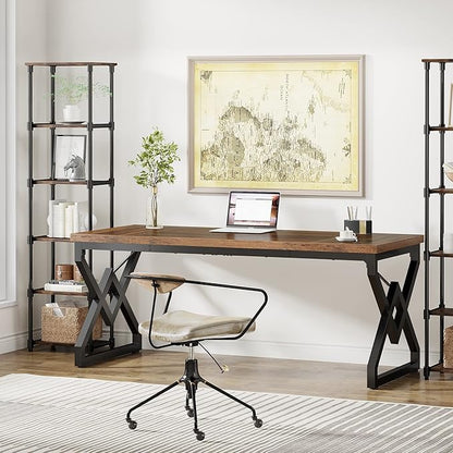 Tribesigns 63-inch Executive Desk, Large Office Computer Desk with Extra Thick Wooden Tabletop and Metal Frame, Modern Simple Workstation Writing Table Study Desk for Home Office, Vintage Brown
