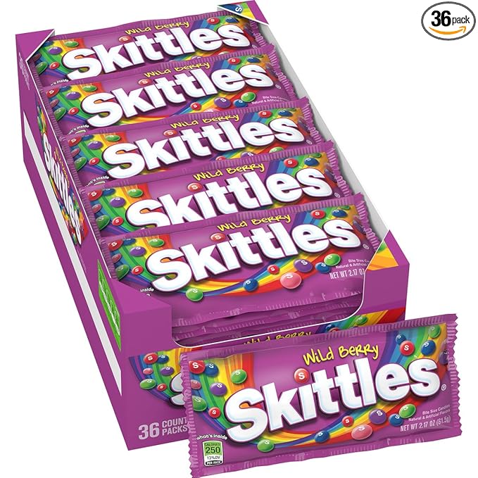 SKITTLES Wild Berry Chewy Candy Full Size Movie Night Party Favor Candy Packs Bulk Box, 2.17 oz, (Pack of 36)