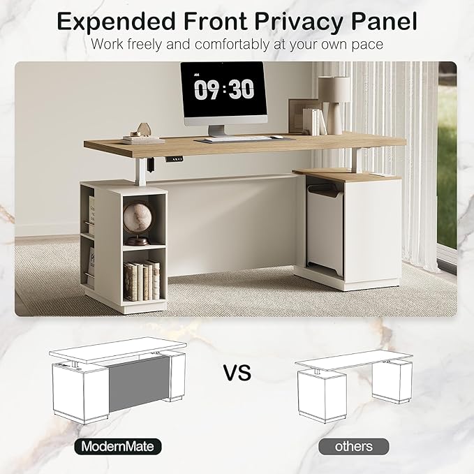 71" Standing Executive Desk with Privacy Panel, Large One-Piece Electric Height Adjustable Stand Up Desk with Charging Station, File Cabinet Storage, Home and Office, Light Walnut