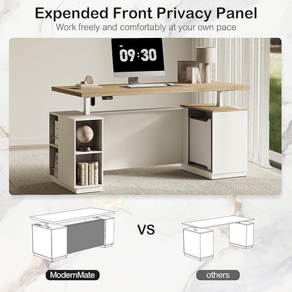 71" Standing Executive Desk with Privacy Panel, Large One-Piece Electric Height Adjustable Stand Up Desk with Charging Station, File Cabinet Storage, Home and Office, Light Walnut