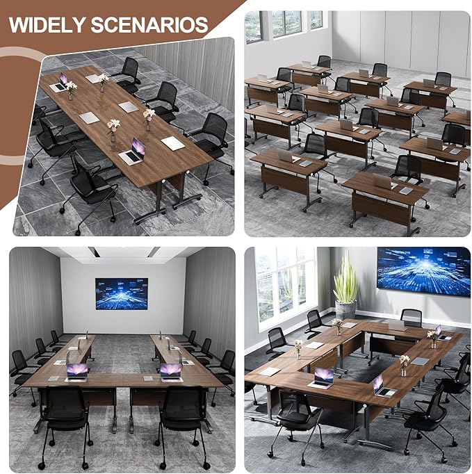 Conference Table, Foldable Conference Room Tables with Silent Wheels, Folding Modular Seminar Meeting Tables, Modern Rectangle Training Table for Office, Boardroom (4, Walnut, 47.2)