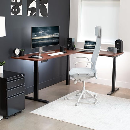 VIVO Electric 78 x 55 inch Square Corner Memory L Shaped Stand Up Desk, Dark Walnut Table Top, Black Frame, Corner Height Adjustable Workstation, 3E-S Series, DESK-KIT-3E5SBD