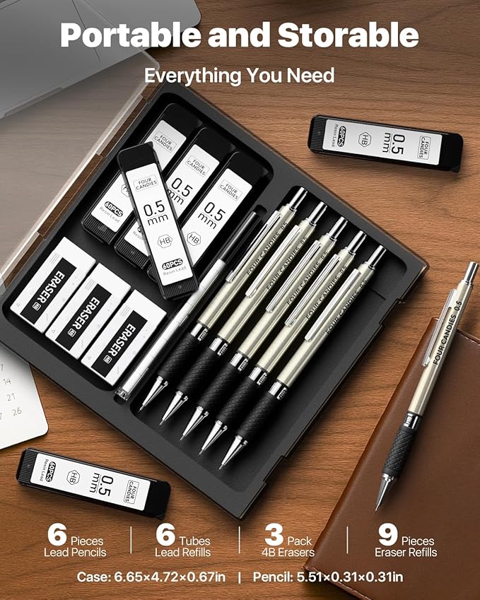 Four Candies Metal Mechanical Pencil Set - 6PCS 0.5mm Art Mechanical Pencils & 360PCS HB Lead Refills & 3PCS Erasers & 9PCS Eraser Refills, Drawing Mechanical Pencils for Writing, Sketching-With Case