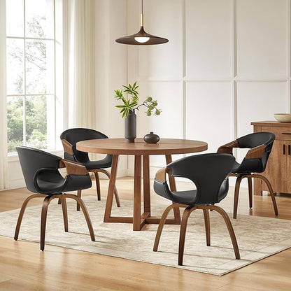 Art Leon Desk Chair No Wheels Set of 2, Mid Century Modern Office Chair, Faux Leather Upholstered Swive Chair with Wood Legs for Living Room Bedroom, Walnut Bentwood, Black/Walnut