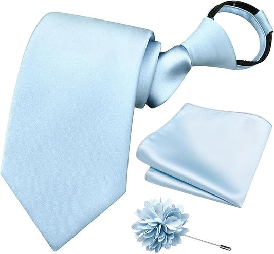 Branduce 3.15"（8cm） Pre-tied Adjustable Zipper Tie and Lapel Pin Solid Necktie Handkerchief Set for Men