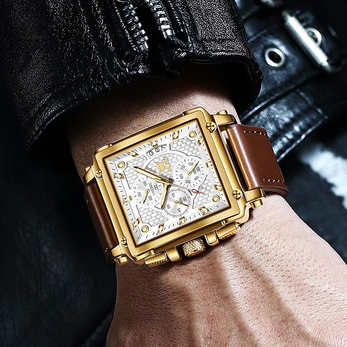 OLEVS Men's Chronograph Leather Watch, Big Face Easy to Read Analog Quartz Dress Watch, Casual Waterproof Luminous Hands Date Watches for Men, White/Blue/Black/Gold Dial