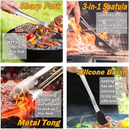 Leonyo Grill Tools Set of 6, 18Inch Extra-Long BBQ Tool Set, Heavy-Duty Barbecue Grilling Accessories, Stainless Steel Spatula, Fork, Tong, Basting Brush, Cleaning Brush, Carrying Bag