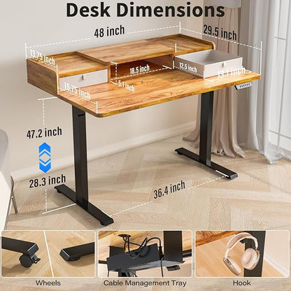 Kingant 48 x 30 Inch Standing Desk with Drawers, Adjustable Height Electric Sit Stand Desk with Storage Shelf, Rising Stand Up Computer Desk for Home Office Workstation, 3 Preset Heights