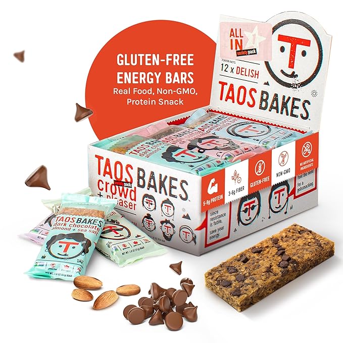 Taos Bakes - Snack Bars - Protein Bars and Fiber packed Granola Bars - Gluten Free & Non-GMO - Healthy Snacks for Adults & Kids – Convenient Trail Mix Bars (1.8 Ounce (Pack of 7), Variety Pack)