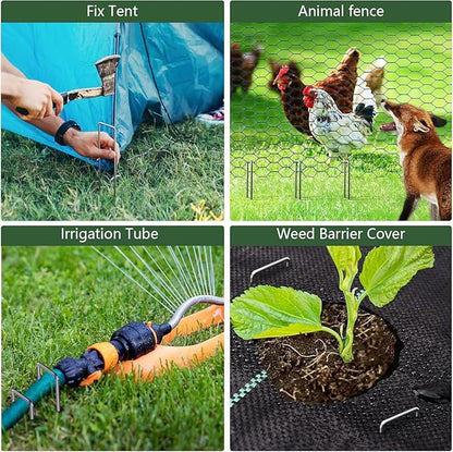 AMAGABELI GARDEN & HOME 300 Pack Galvanized Landscape Staples 8 Inch 11 Gauge Garden Staples Garden Stakes Plant Cover Stakes U-Shaped Landscape Stakes Landscape Pins for Weed Barrier Fabric