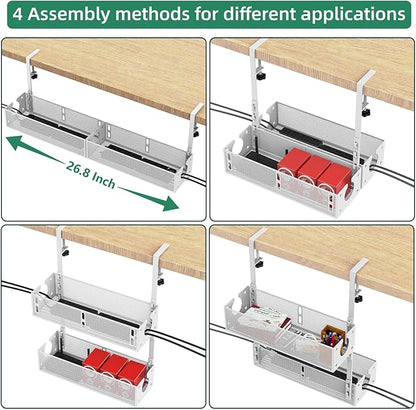 Multi-Model Under Desk Cable Management Tray 2 Packs Metal Under Desk Wire Management Clamp Mount Under Table Cord Management No Damage The Desk (White)