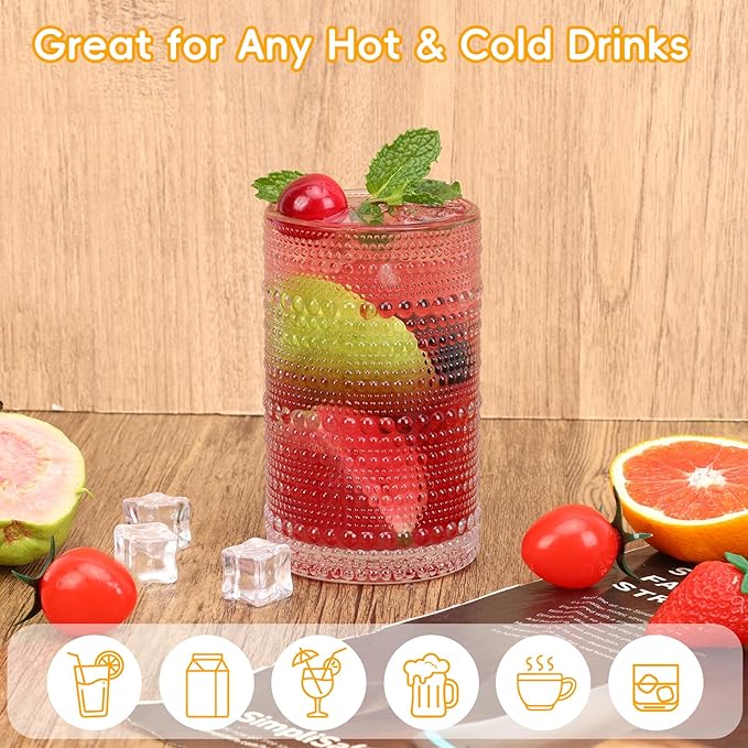 Moretoes Water Glass Cups Set of 2 Hobnail Drinking Glasses, Vintage Glassware 12 Oz Highball Glasses & 10 Oz Cocktail Glasses, Clear Embossed Tumbler Glassware Set for Whiskey, Beer, Juice, Milk