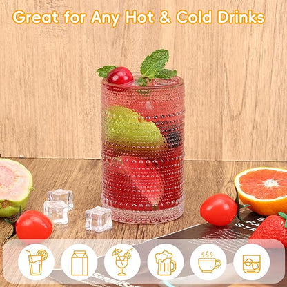Moretoes Water Glass Cups Set of 2 Hobnail Drinking Glasses, Vintage Glassware 12 Oz Highball Glasses & 10 Oz Cocktail Glasses, Clear Embossed Tumbler Glassware Set for Whiskey, Beer, Juice, Milk