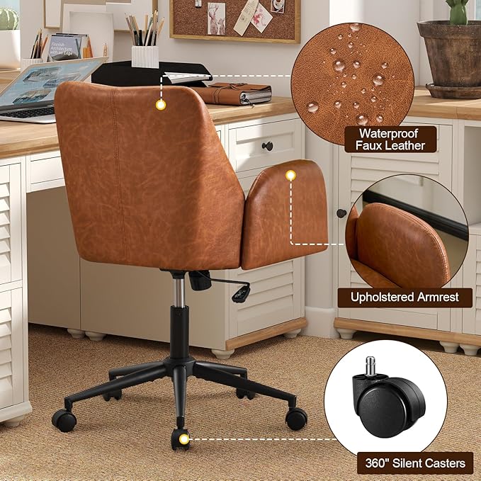 Furniliving Home Office Desk Chair, Ergonomic Leather Office Chair with Wheels, Comfortable Rolling Task Chair Adjustable Height, Brown