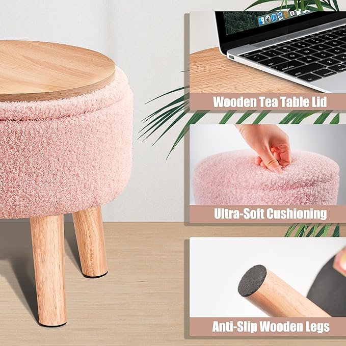 Poofzy Small Ottoman with Storage, Small Foot Stool Ottoman with Wood Legs, Sherpa Foot Rest for Couch, Living Room and Bedroom - Pink