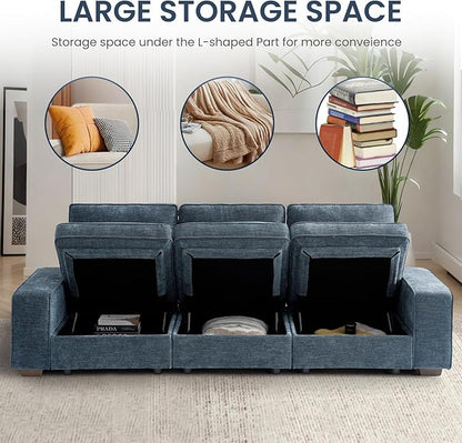 TEKAMON 100" Modular Sofa with Seats Storage, Comfy 3-Seater Chenille Fabric Couch for Living Room, Office, Apart W/Deep Seat, USB Charging, Upholstered Couch with Removable Cover (Blue)