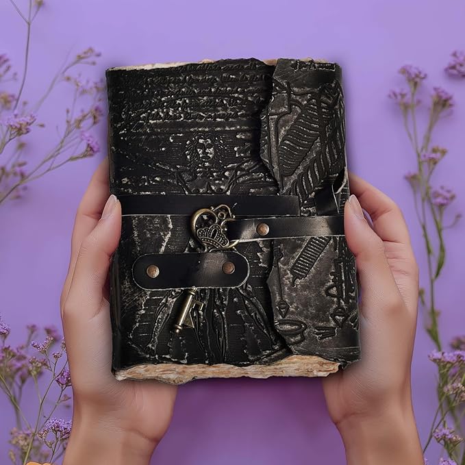 LEATHER VILLAGE Genuine Leather Handmade Journal for Men & Women – Vitruvian Man Embossed Cover – Key Closure – Book of Shadow – Vintage Deckle Edge Paper for Writing, Drawing – 7x5 Inches – Black