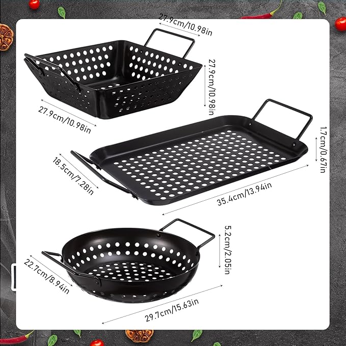 3 Pack Grill Basket Set for Outdoor Grill, Stainless Steel Vegetables Grilling Basket with Holes and Handles, Nonstick Barbecue Pan for Seafood Meat Grilling Accessories Gifts for Men