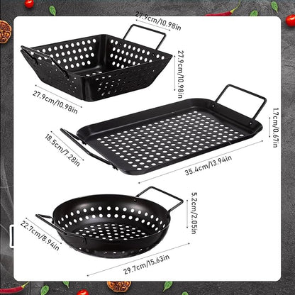 3 Pack Grill Basket Set for Outdoor Grill, Stainless Steel Vegetables Grilling Basket with Holes and Handles, Nonstick Barbecue Pan for Seafood Meat Grilling Accessories Gifts for Men