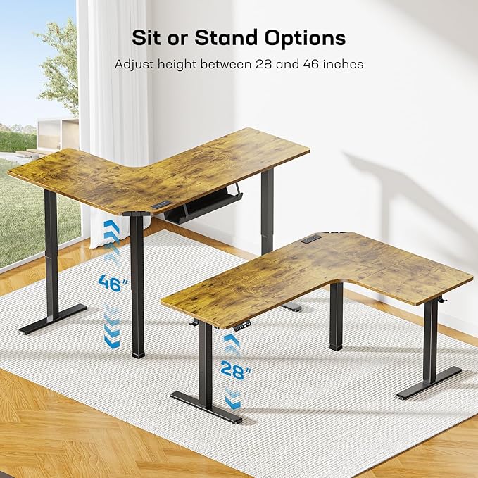 HUANUO 63″ Dual Motor L-Shaped Standing Desk, Built-in Power Outlets, Electric Height Adjustable Corner Computer Desk, Large Power Strip Holder, Sit Stand Up Desk with 3 Preset Heights, Vintage Brown