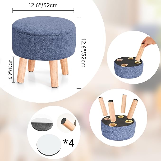 Poofzy Small Ottoman with Storage, Small Foot Stool Ottoman with Wood Legs, Sherpa Foot Rest for Couch, Living Room and Bedroom - Navy Blue