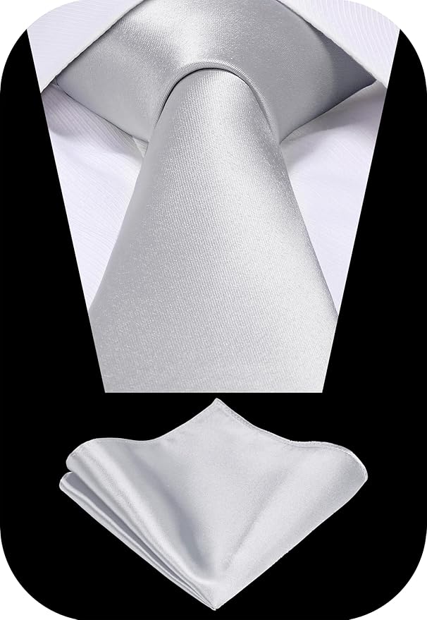TIE G 5pcs Tie Set in WHITE OR BLACK GIFT BOX: Solid Color Necktie, Satin Bow Tie, Pocket Square, Lapel, Cuff Links