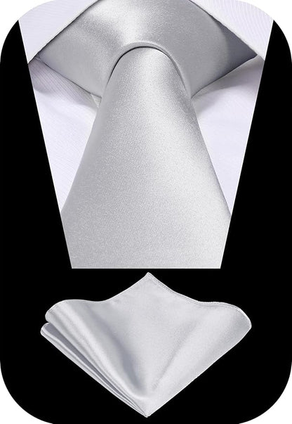 TIE G 5pcs Tie Set in WHITE OR BLACK GIFT BOX: Solid Color Necktie, Satin Bow Tie, Pocket Square, Lapel, Cuff Links