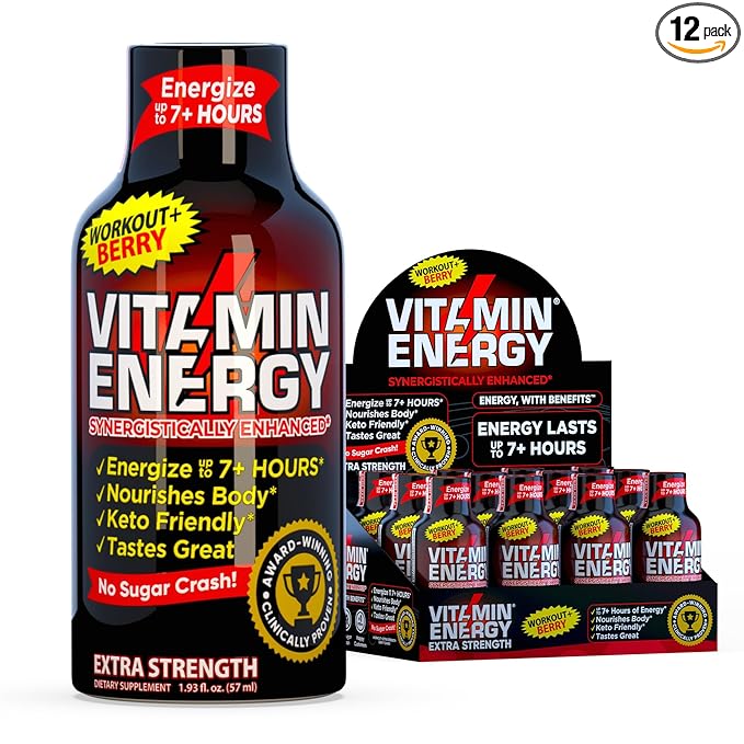 Vitamin Energy Workout+ Extra Strength Energy Shot Berry 12 Pack, 260mg Natural Caffeine, Pre-Workout, B-Vitamins, Minerals, Endurance & Performance, Zero Sugar, Gluten-Free, Vegan, 1.93 fl oz