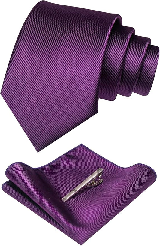 JEMYGINS Solid Color Formal Necktie and Pocket Square Tie Clip Sets for Men