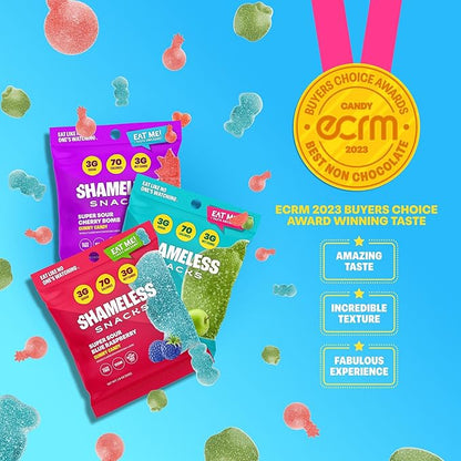 Shameless Snacks Sour Flavors Bundle Healthy Low Carb Keto Gummies Cherry Bomb, Blue Raspberry and Green Apple