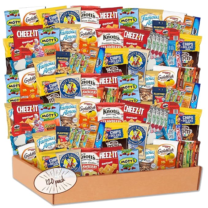 Snack Box Variety Pack (120 Count) - Snacks Variety Pack for Adults, Kids and Teens with Chips, Cookies & Bars - Care Package for College Students, Birthdays, Travel and Office