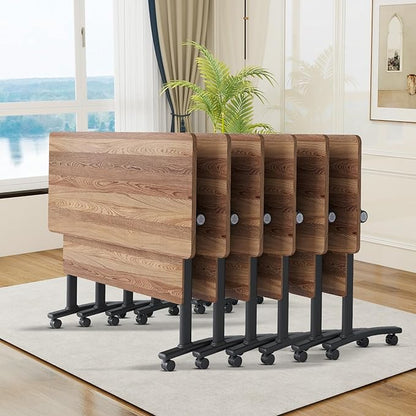 Conference Room Table, 55 Inch Folding Conference Tables with Wheels, Modern Office Meeting Table, Easy Flip & Nest Design, Rectangular Seminar Tables with Metal Frame for 2-24 People (I, 6PCS)
