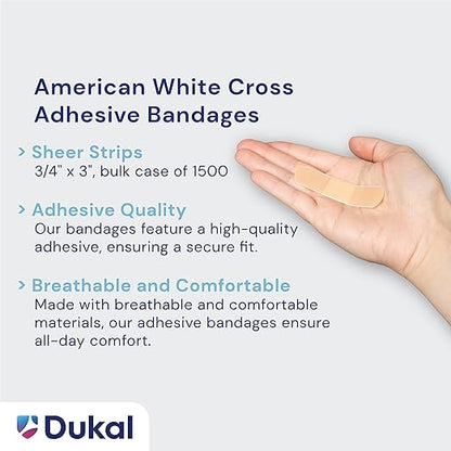 American White Cross Adhesive Bandages, Sheer Strips, 3/4" x 3" | Bulk Case of 1500 | Sterile, Breathable and Multi-Purpose for School Nurses, Businesses, and First Aid Kits