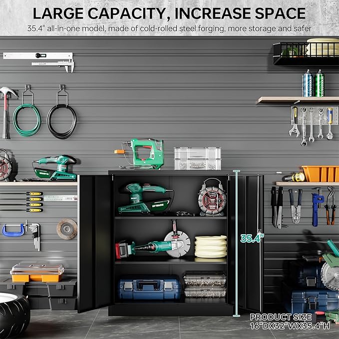 36 inch Metal Storage Cabinet with Doors and Shelves,Small Garage Storage Cabinet with Lock,Black Metal Cabinets with Locking Doors for Home,Office,Short Garage Cabinets