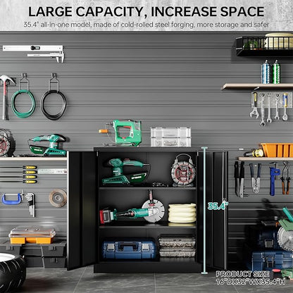 36 inch Metal Storage Cabinet with Doors and Shelves,Small Garage Storage Cabinet with Lock,Black Metal Cabinets with Locking Doors for Home,Office,Short Garage Cabinets