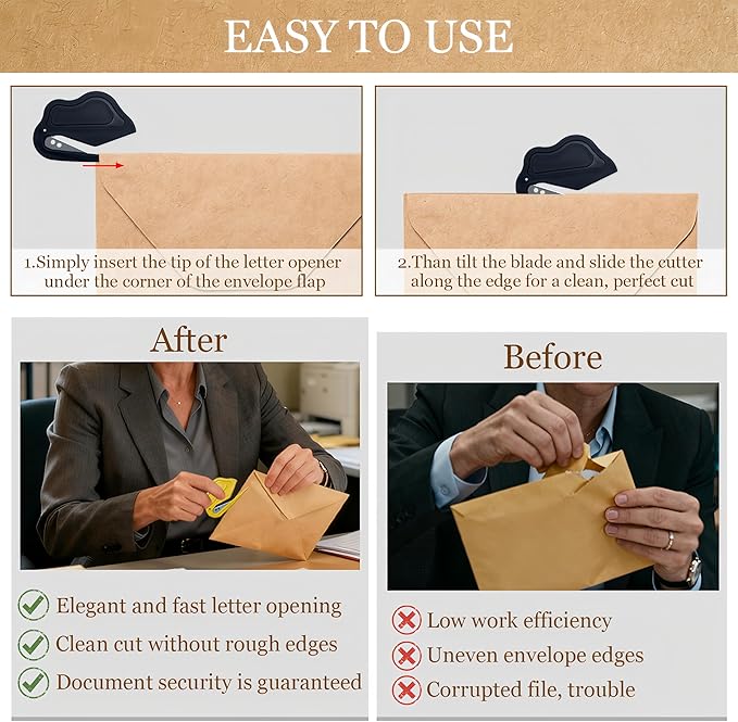 4 Pack Letter Opener Envelope Slitter,Mail Cutter with Safety Concealed Sharp Blade Neatly Opened Without Damage,Envelope Opener for Women,Men,Worker,Students,Home,Office,Postal for Package,Paper Cut