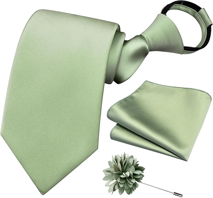 Branduce 3.15"（8cm） Pre-tied Adjustable Zipper Tie and Lapel Pin Solid Necktie Handkerchief Set for Men
