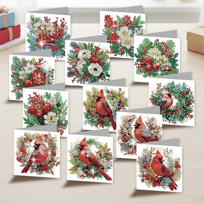 jinglinhh 12pcs Diamond Art Painting Christmas Cardinal Greeting Cards with Envelopes, DIY Card Making Kits for Adults, Diamond Art Christmas Cards for Birthday Holiday Postcards Craft Gifts